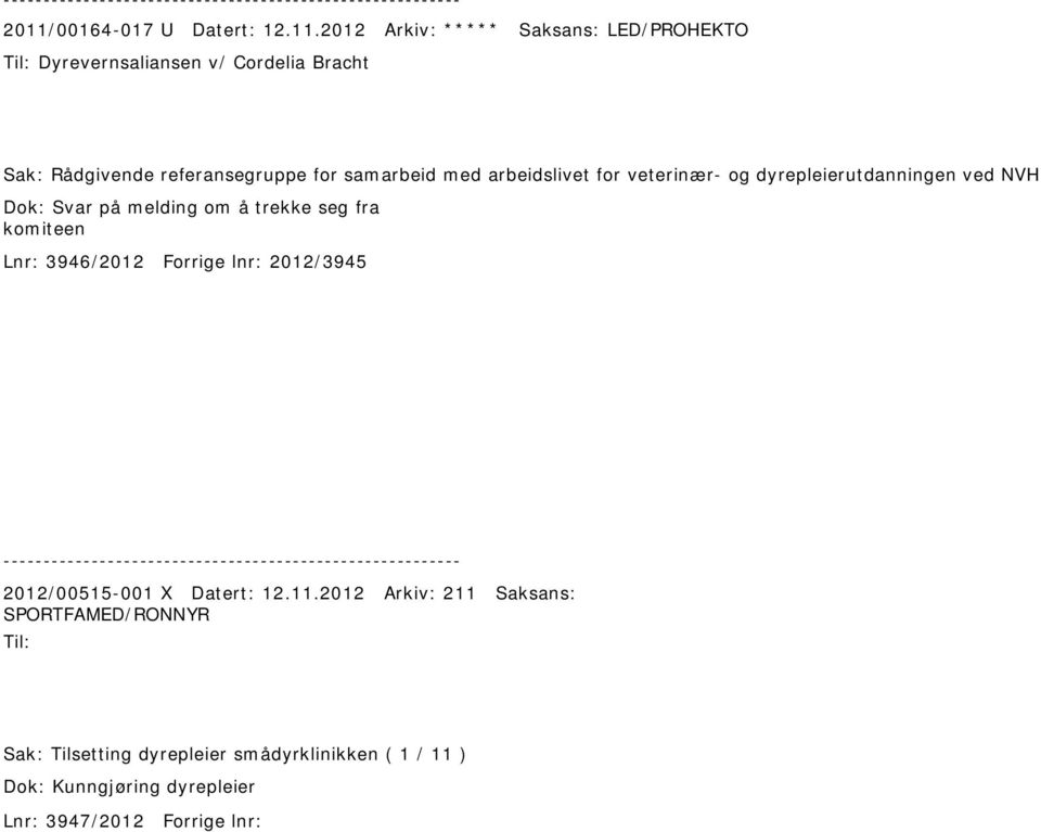 melding om å trekke seg fra komiteen Lnr: 3946/2012 Forrige lnr: 2012/3945 2012/00515-001 X Datert: 12.11.