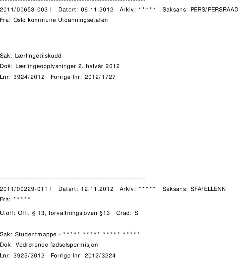 halvår 2012 Lnr: 3924/2012 Forrige lnr: 2012/1727 2011/00229-011 I Datert: 12.11.2012 Arkiv: ***** Saksans: SFA/ELLENN Fra: ***** U.