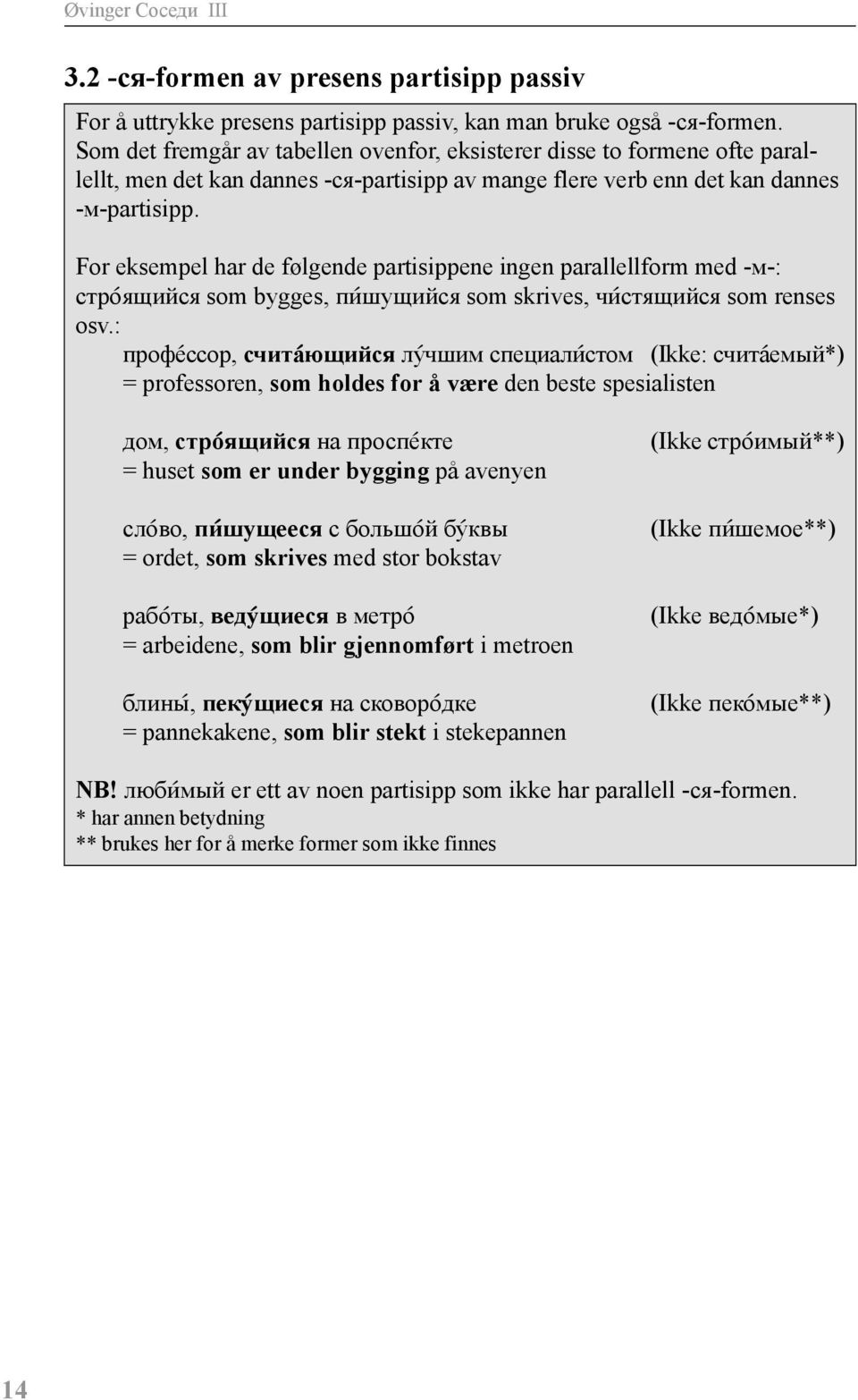 For eksempel har de følgende partisippene ingen parallellform med -м-: стро@ящийся som bygges, пи@шущийся som skrives, чи@стящийся som renses osv.