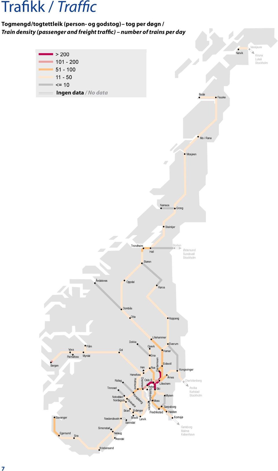 day > 200 101-200 51-100 Togtetthet = antall tog (person- og godstog) pr. døgn / Train density (passenger and freight) TOGDGN Togtetthet = antall tog (person- og godstog) pr.