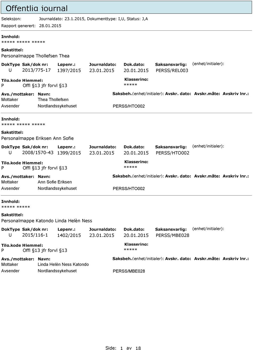 2015 nnhold: ersonalmappe Thollefsen Thea 2013/775-17 1397/2015 ERSS/REL003 Mottaker Thea Thollefsen ERSS/HTO002