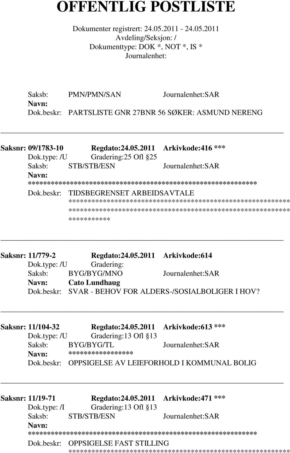 beskr: SVAR - BEHOV FOR ALDERS-/SOSIALBOLIGER I HOV? Saksnr: 11/104-32 Regdato:24.05.