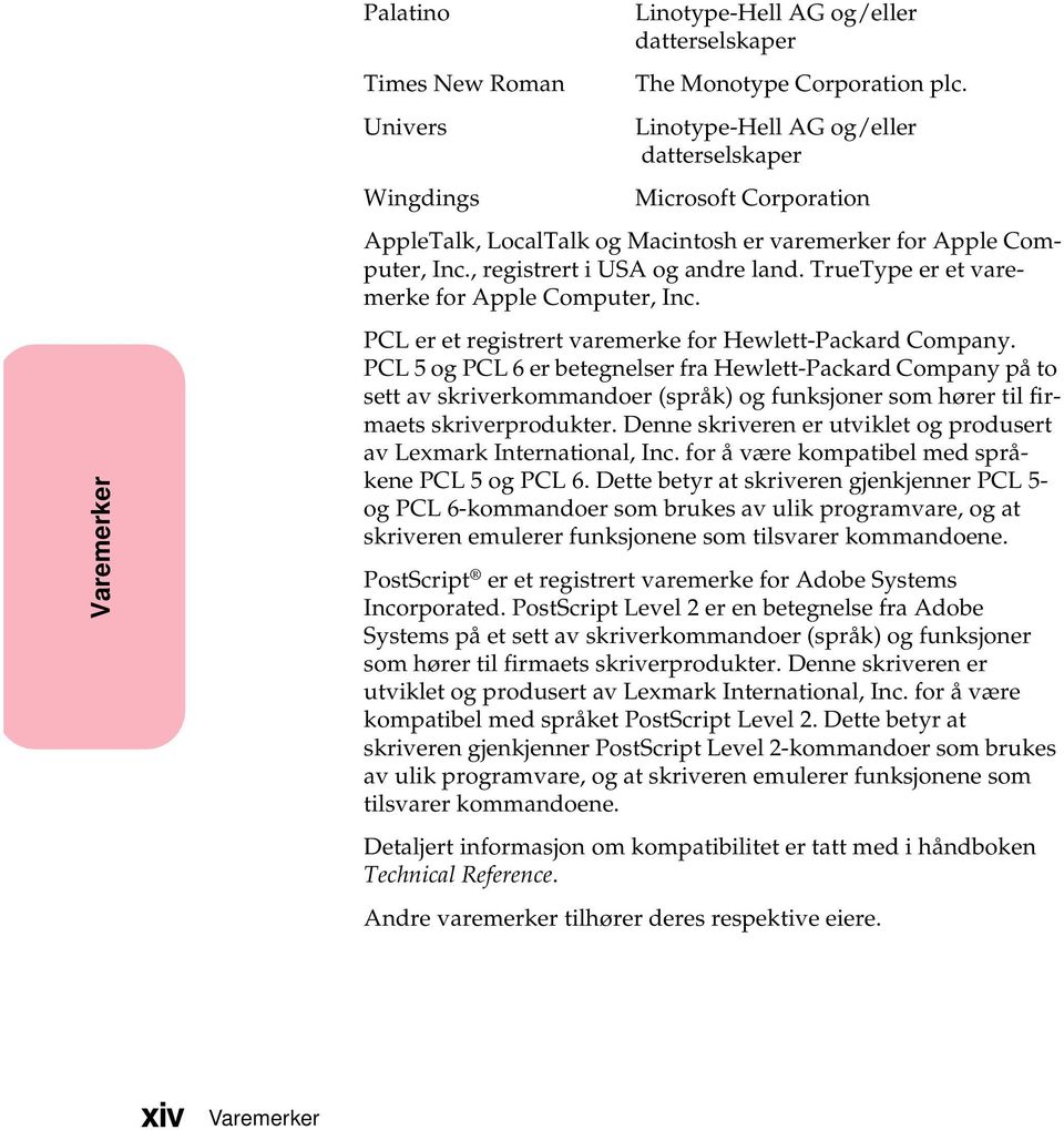 TrueType er et varemerke for Apple Computer, Inc. PCL er et registrert varemerke for Hewlett-Packard Company.