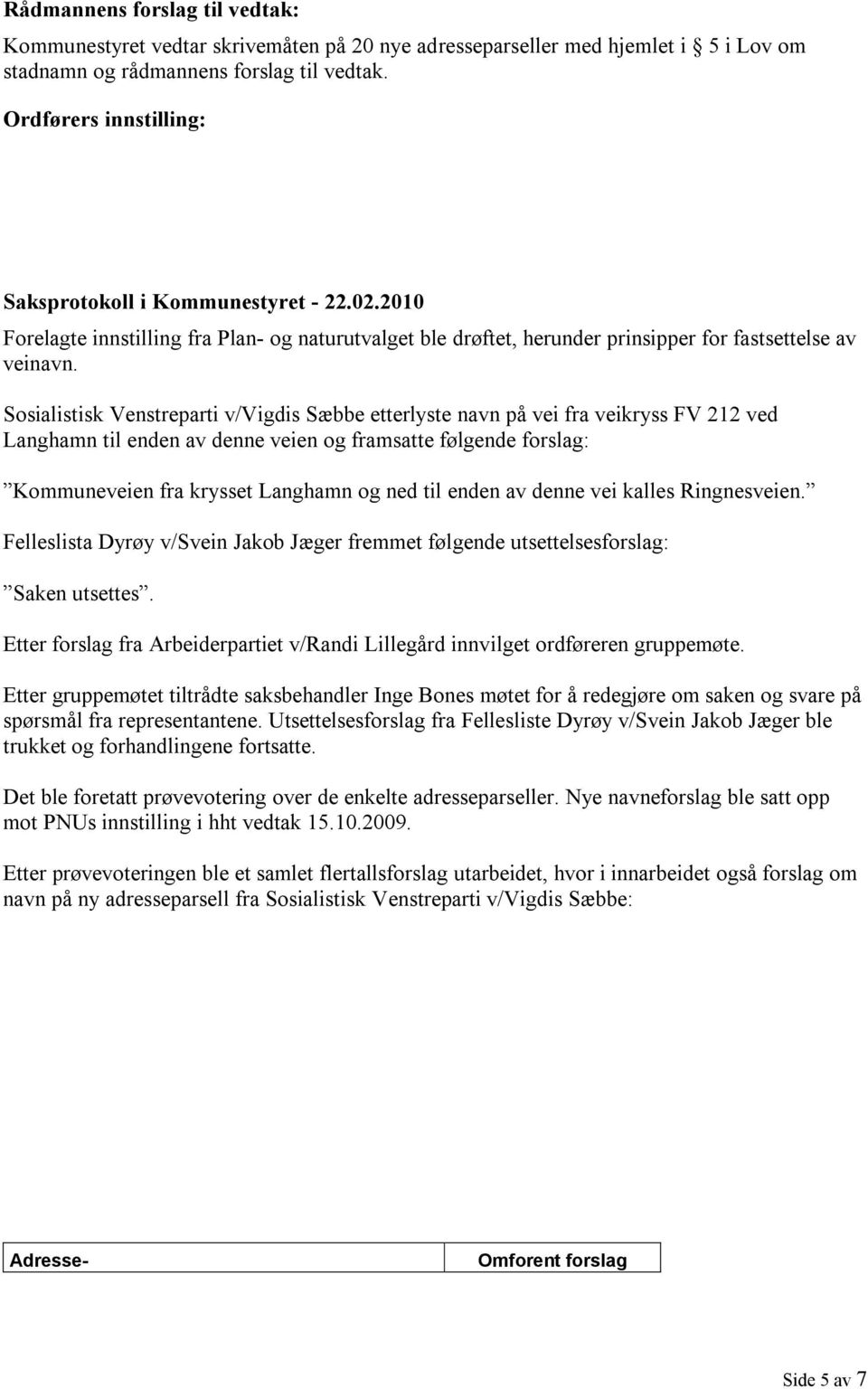 Sosialistisk Venstreparti v/vigdis Sæbbe etterlyste navn på vei fra veikryss FV 212 ved Langhamn til enden av denne veien og framsatte følgende forslag: Kommuneveien fra krysset Langhamn og ned til