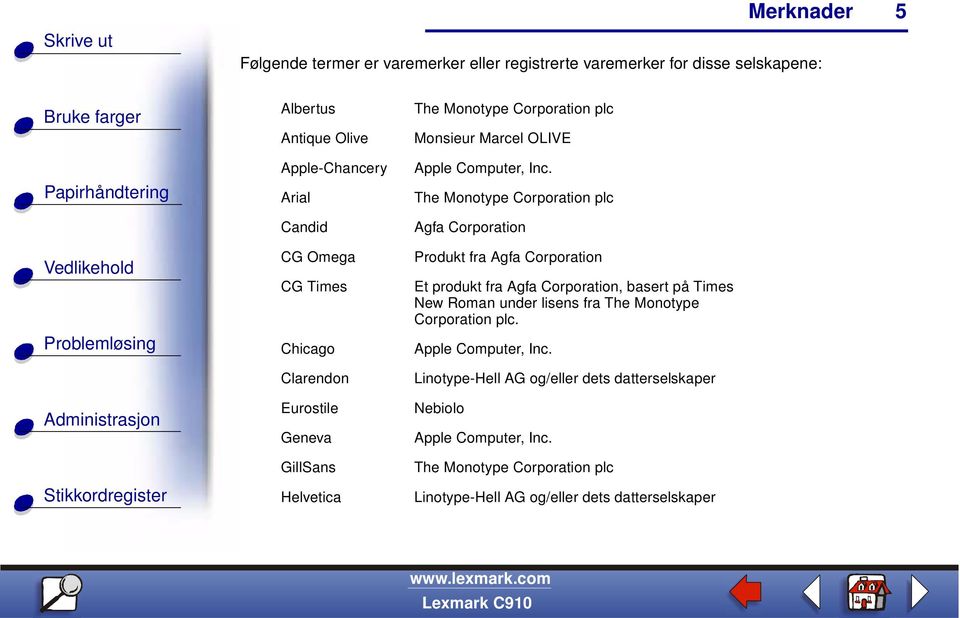 The Monotype Corporation plc Agfa Corporation Produkt fra Agfa Corporation Et produkt fra Agfa Corporation, basert på Times New Roman under lisens fra The