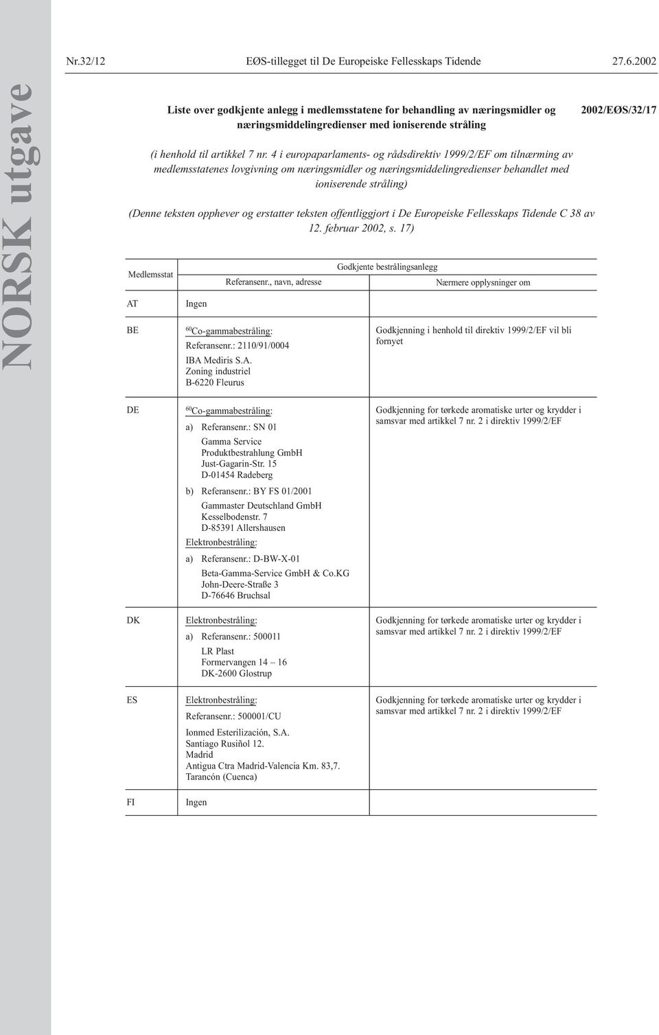 4 i europaparlaments- og rådsdirektiv 1999/2/EF om tilnærming av medlemsstatenes lovgivning om næringsmidler og næringsmiddelingredienser behandlet med ioniserende stråling) (Denne teksten opphever