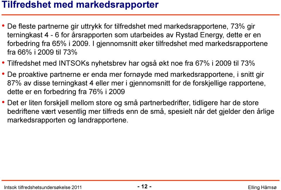 I gjennomsnitt øker tilfredshet med markedsrapportene fra 66% i 2009 til 73% Tilfredshet med INTSOKs nyhetsbrev har også økt noe fra 67% i 2009 til 73% De proaktive partnerne er enda mer fornøyde