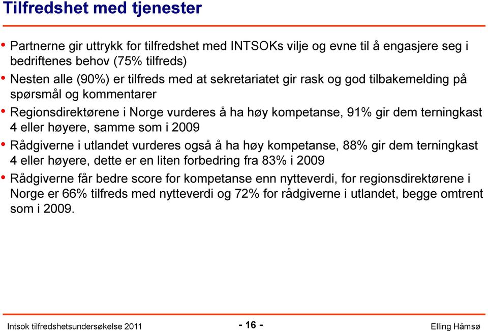 eller høyere, samme som i 2009 Rådgiverne i utlandet vurderes også å ha høy kompetanse, 88% gir dem terningkast 4 eller høyere, dette er en liten forbedring fra 83% i 2009