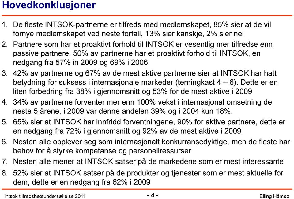 42% av partnerne og 67% av de mest aktive partnerne sier at INTSOK har hatt betydning for suksess i internasjonale markeder (terningkast 4 6).