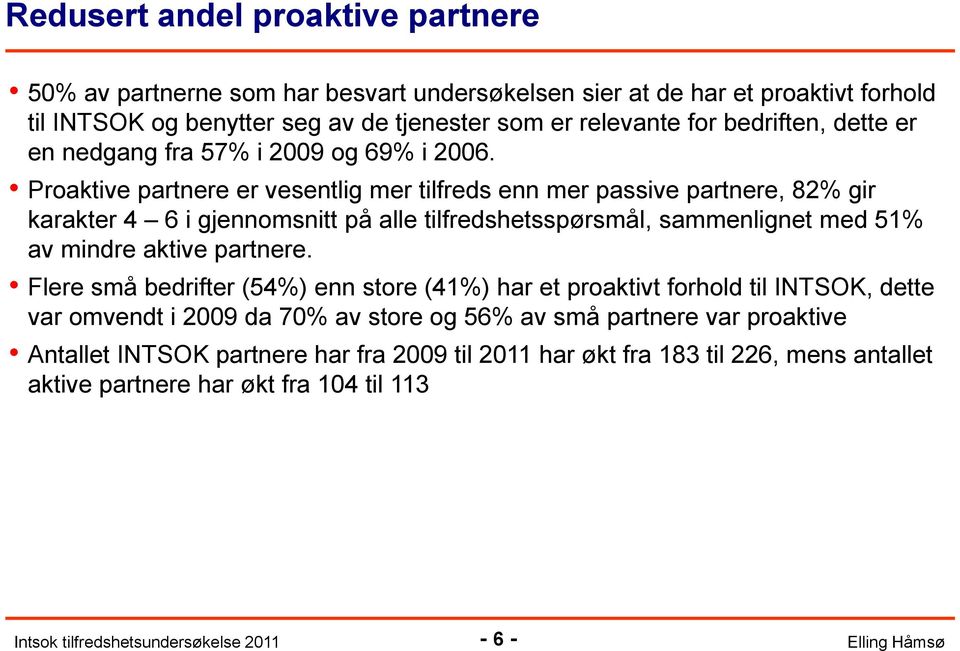 Proaktive partnere er vesentlig mer tilfreds enn mer passive partnere, 82% gir karakter 4 6 i gjennomsnitt på alle tilfredshetsspørsmål, sammenlignet med 51% av mindre aktive