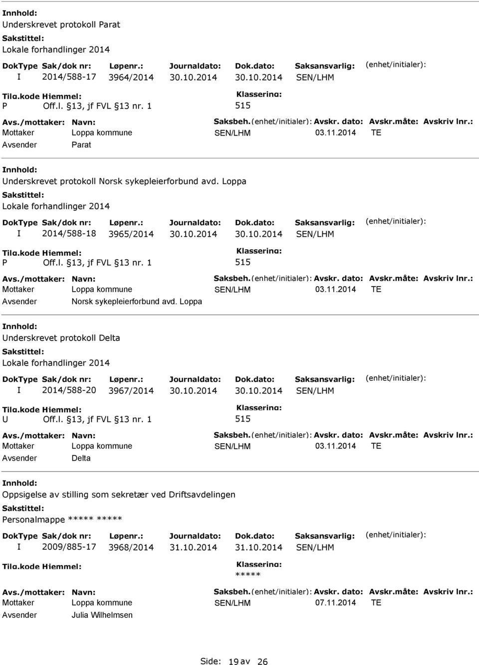 : 03.11.2014 TE Norsk sykepleierforbund avd. Loppa nderskrevet protokoll Delta Lokale forhandlinger 2014 2014/588-20 3967/2014 515 Avs./mottaker: Navn: Saksbeh. Avskr. dato: Avskr.