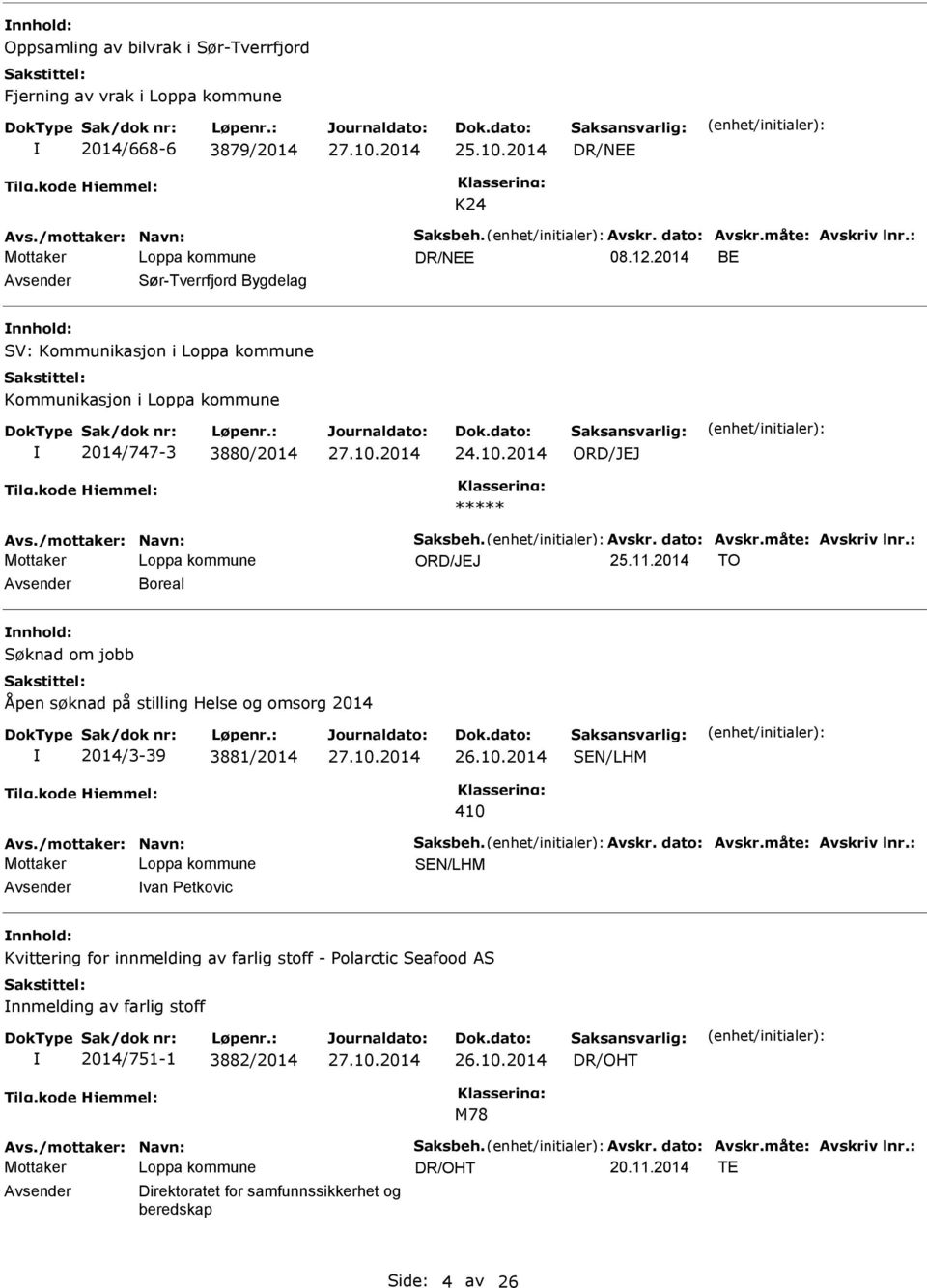 : ORD/JEJ 25.11.2014 TO Boreal Søknad om jobb Åpen søknad på stilling Helse og omsorg 2014 2014/3-39 3881/2014 26.10.2014 410 Avs./mottaker: Navn: Saksbeh. Avskr. dato: Avskr.måte: Avskriv lnr.