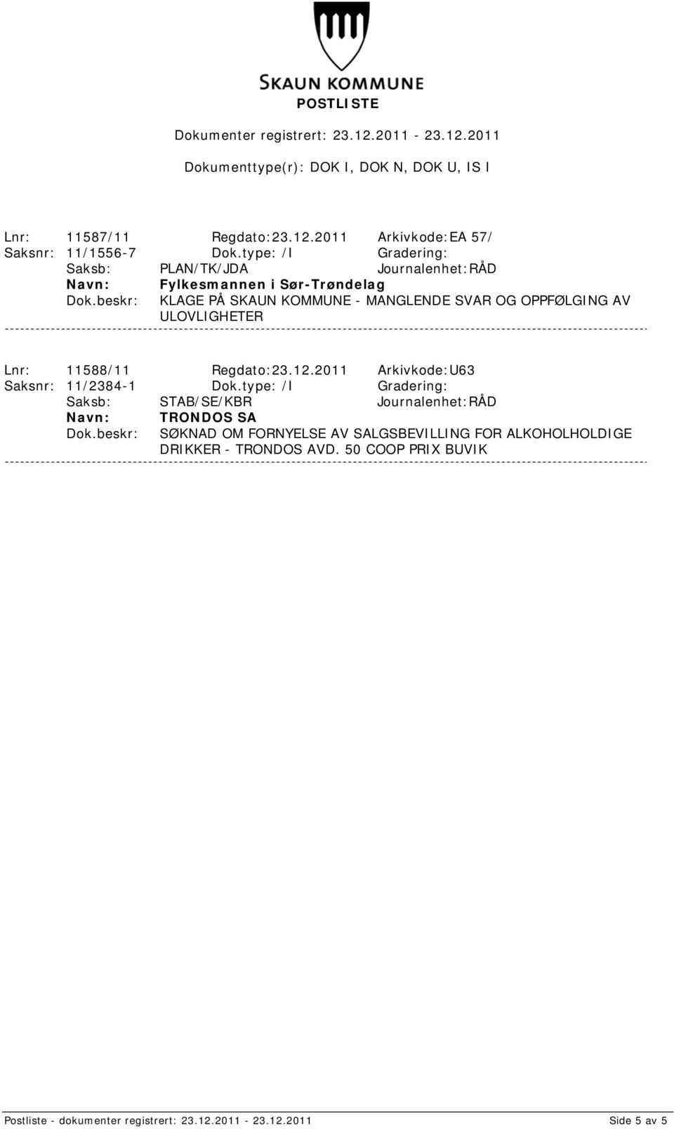 OPPFØLGING AV ULOVLIGHETER Lnr: 11588/11 Regdato:23.12.2011 Arkivkode:U63 Saksnr: 11/2384-1 Dok.