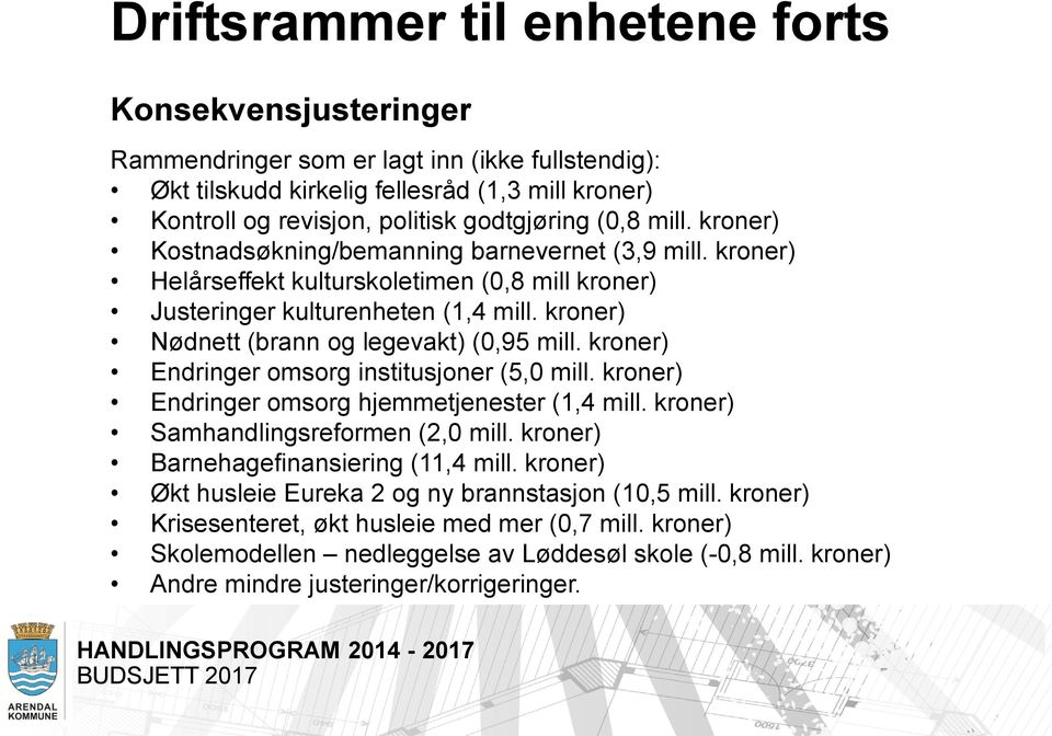 kroner) Nødnett (brann og legevakt) (0,95 mill. kroner) Endringer omsorg institusjoner (5,0 mill. kroner) Endringer omsorg hjemmetjenester (1,4 mill. kroner) Samhandlingsreformen (2,0 mill.