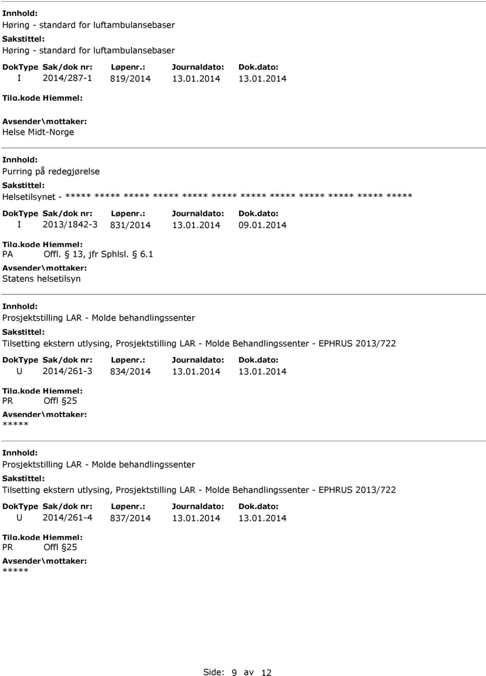 utlysing, rosjektstilling LAR - Molde Behandlingssenter - EHRS 2013/722 R 2014/261-3 834/2014 Offl 25 rosjektstilling LAR - Molde