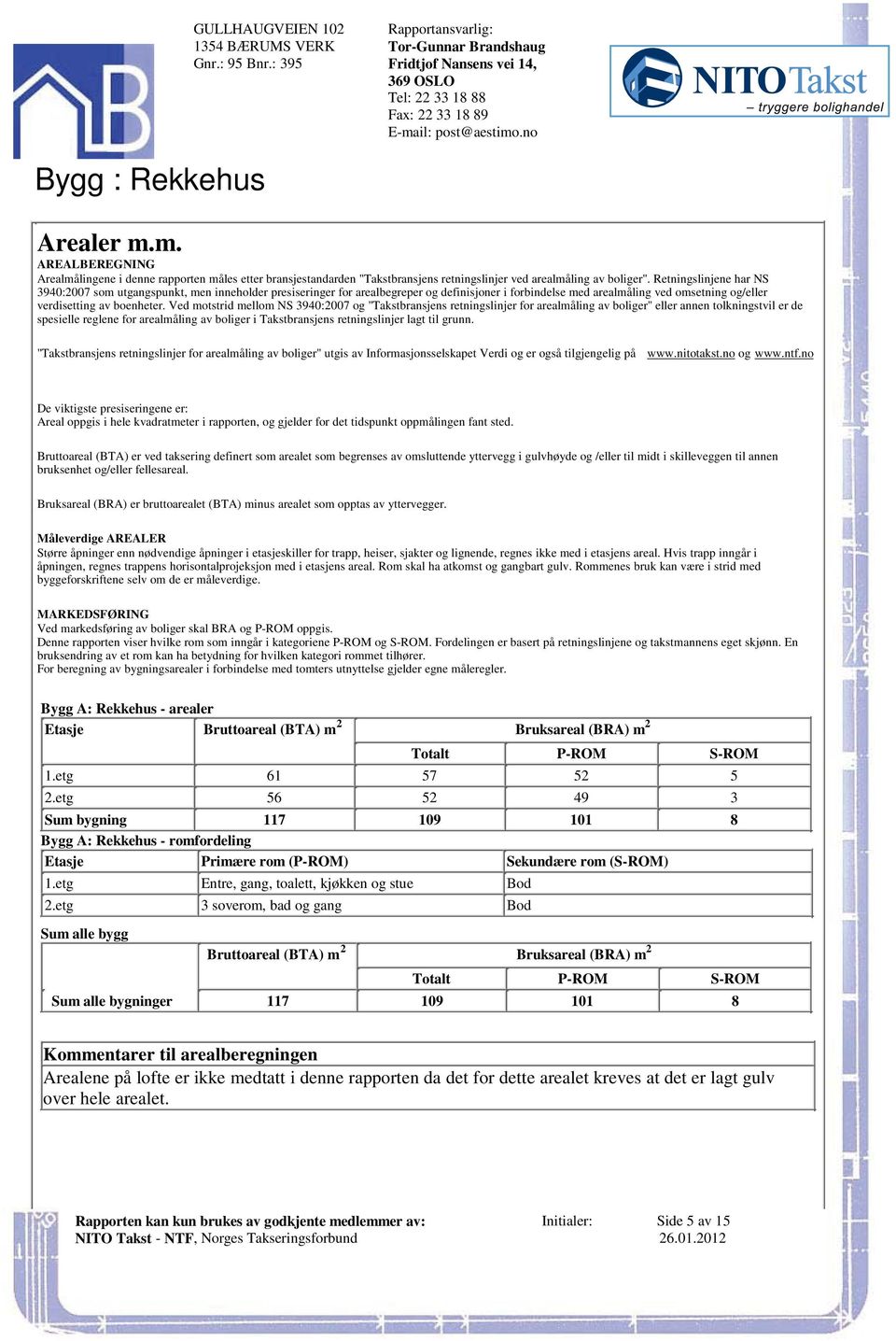 forbindelse med arealmåling ved omsetning og/eller verdisetting av boenheter Ved motstrid mellom NS 3940:2007 og "Takstbransjens retningslinjer for arealmåling av boliger" eller annen tolkningstvil