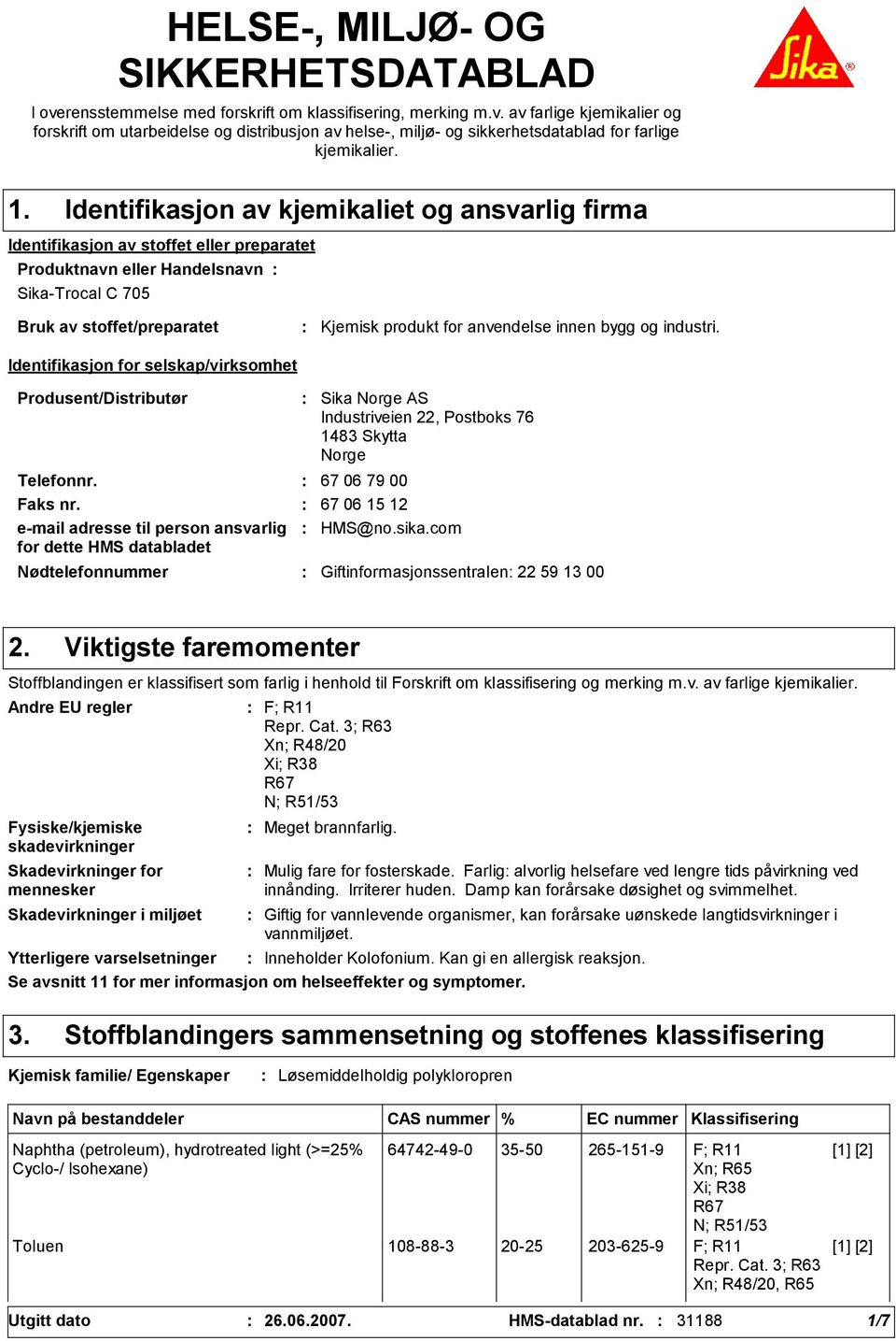 selskap/virksomhet Kjemisk produkt for anvendelse innen bygg og industri. Produsent/Distributør Nødtelefonnummer Sika Norge AS Industriveien 22, Postboks 76 148 Skytta Norge Telefonnr.