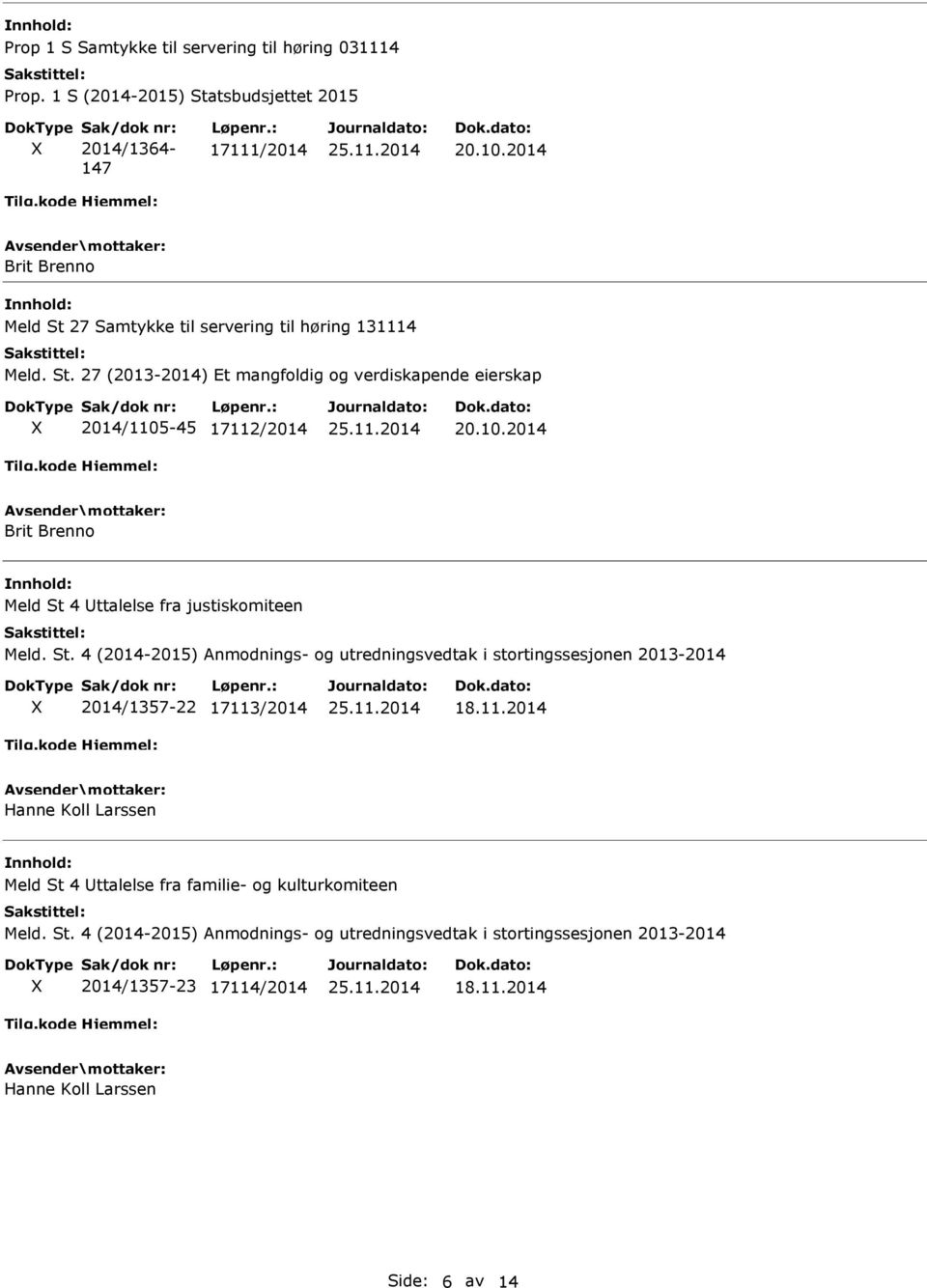 -45 17112/2014 20.10.2014 Brit Brenno Meld St 4 ttalelse fra justiskomiteen Meld. St. 4 (2014-2015) Anmodnings- og utredningsvedtak i stortingssesjonen 2013-2014 2014/1357-22 17113/2014 18.