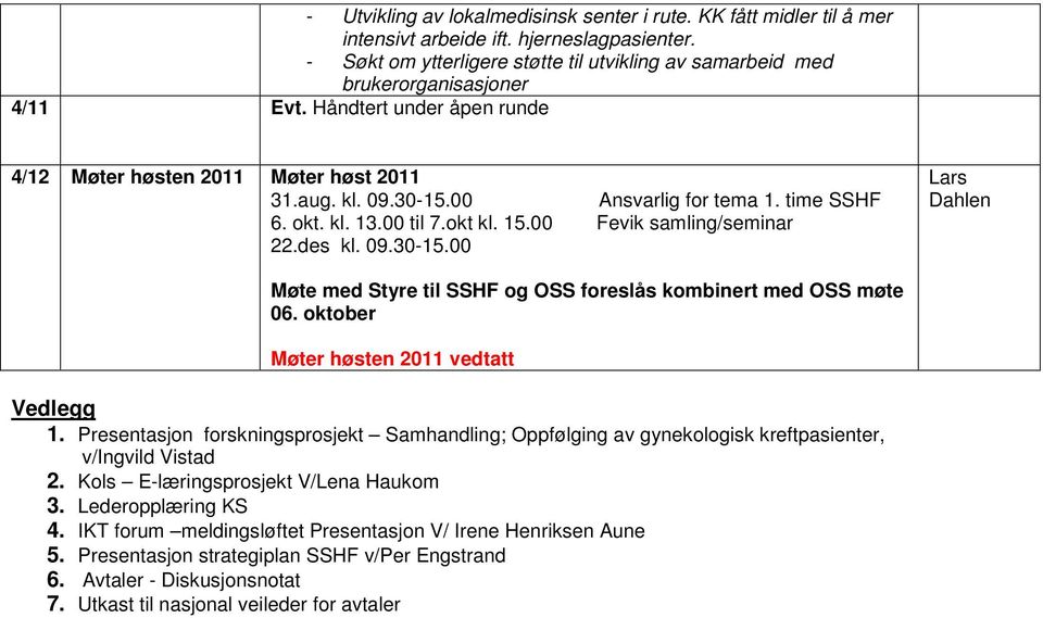 00 Ansvarlig for tema 1. time SSHF 6. okt. kl. 13.00 til 7.okt kl. 15.00 Fevik samling/seminar 22.des kl. 09.30-15.00 Møte med Styre til SSHF og OSS foreslås kombinert med OSS møte 06.