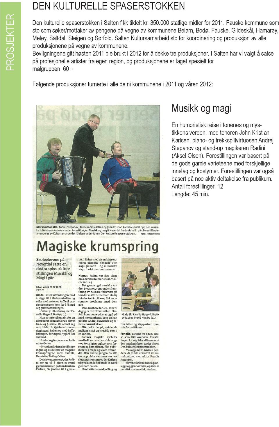 Salten Kultursamarbeid sto for koordinering og produksjon av alle produksjonene på vegne av kommunene. Bevilgningene gitt høsten 2011 ble brukt i 2012 for å dekke tre produksjoner.