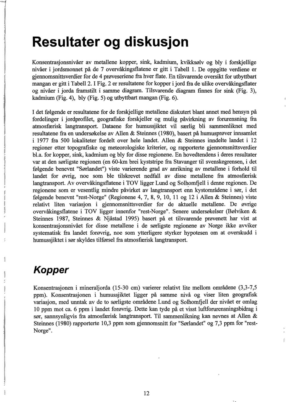 2 er resultatene for kopper i jord fra de ulike overvåkingsflater og nivåer i jorda framstilt i samme diagram. Tilsvarende diagram finnes for sink (Fig. 3), kadmium (Fig. 4), bly (Fig.