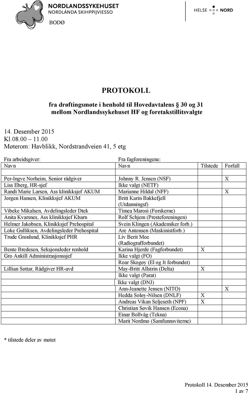 Jensen (NSF) X Liss Eberg, HR-sjef Ikke valgt (NETF) Randi Marie Larsen, Ass klinikksjef AKUM Marianne Hildal (NFF) X Jørgen Hansen, Klinikksjef AKUM Britt Karin Bakkefjell (Utdanningsf) Vibeke