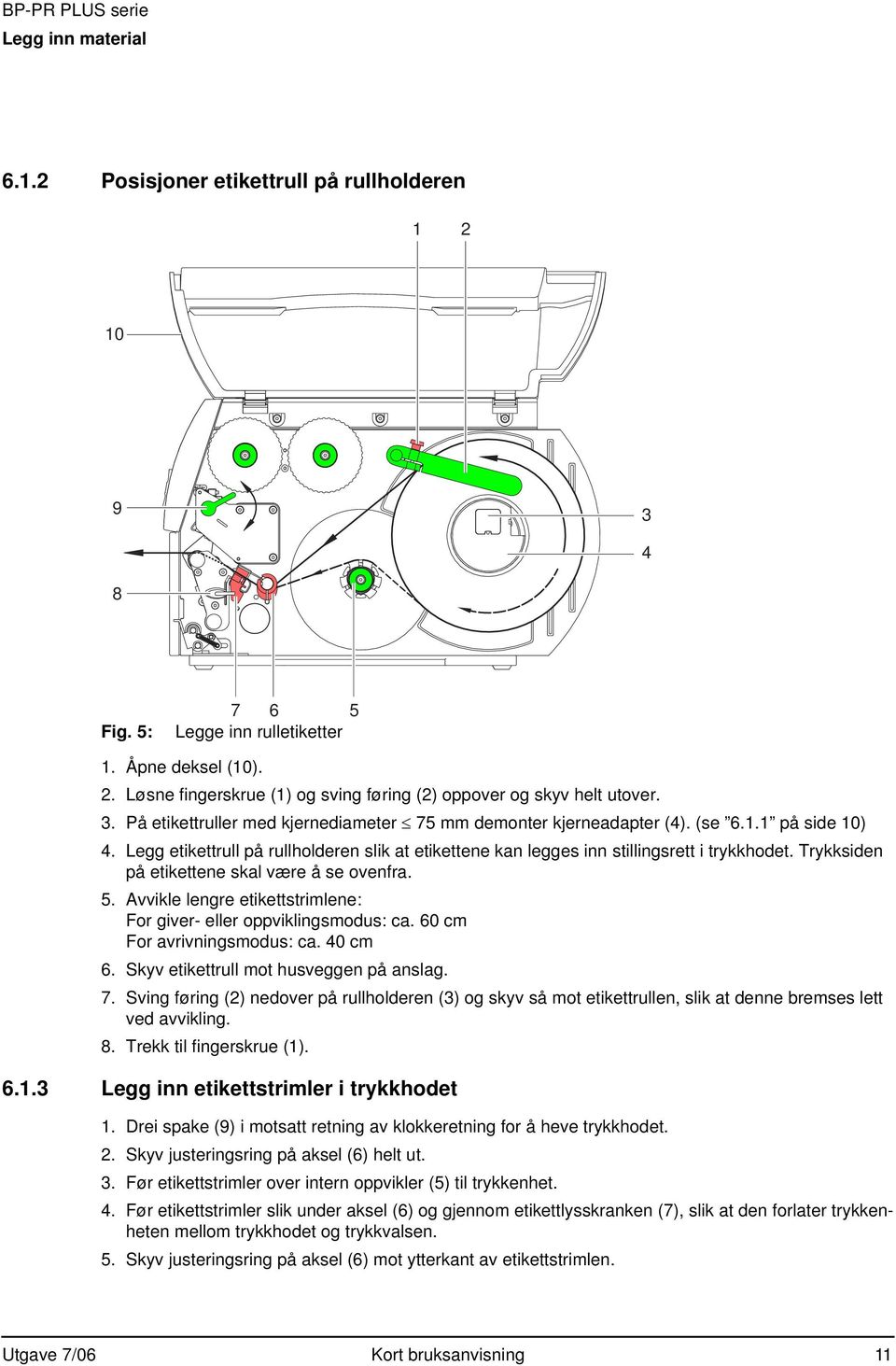 Trykksiden på etikettene skal være å se ovenfra. 5. Avvikle lengre etikettstrimlene: For giver- eller oppviklingsmodus: ca. 60 cm For avrivningsmodus: ca. 40 cm 6.