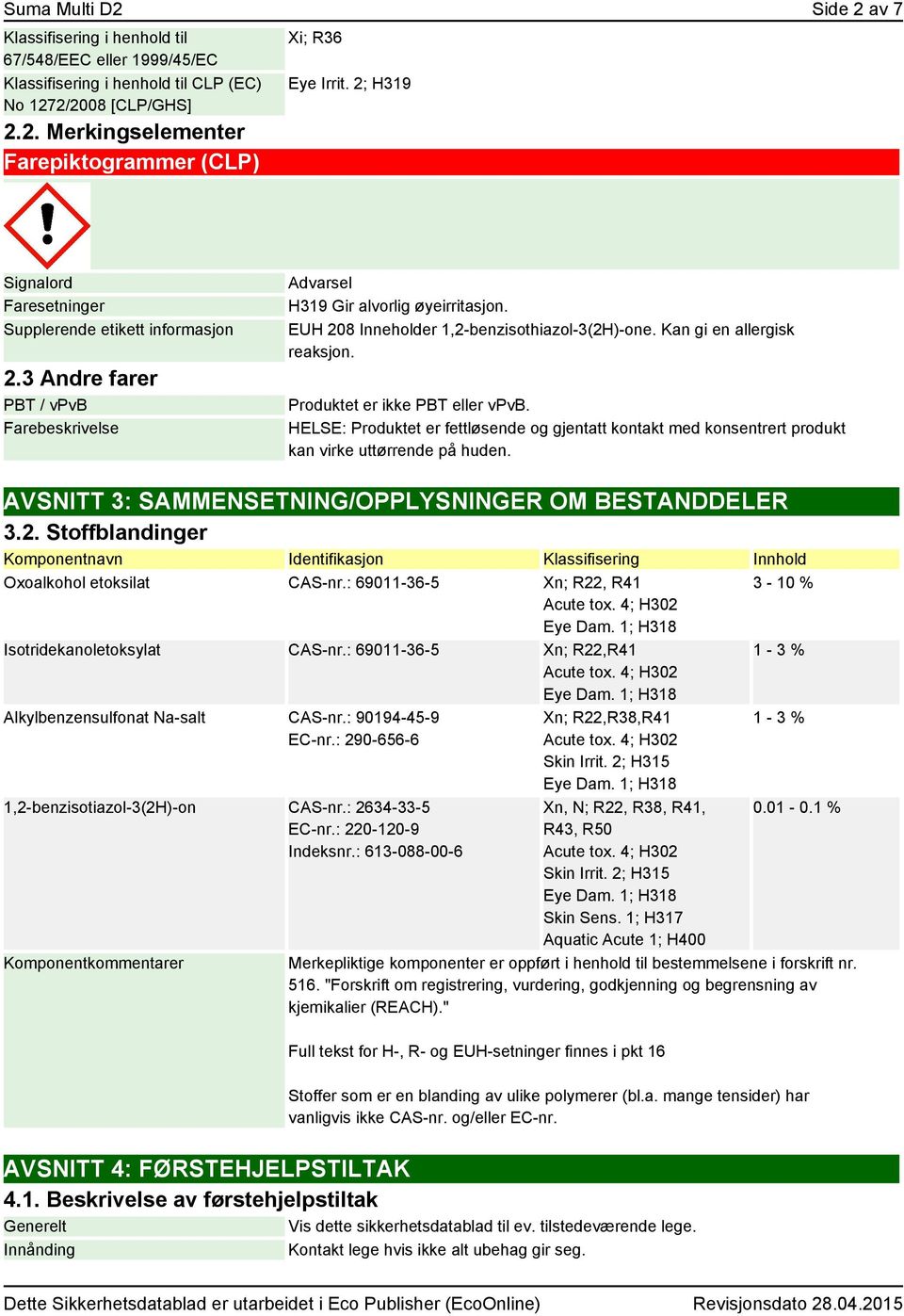 Kan gi en allergisk reaksjon. Produktet er ikke PBT eller vpvb. HELSE: Produktet er fettløsende og gjentatt kontakt med konsentrert produkt kan virke uttørrende på huden.