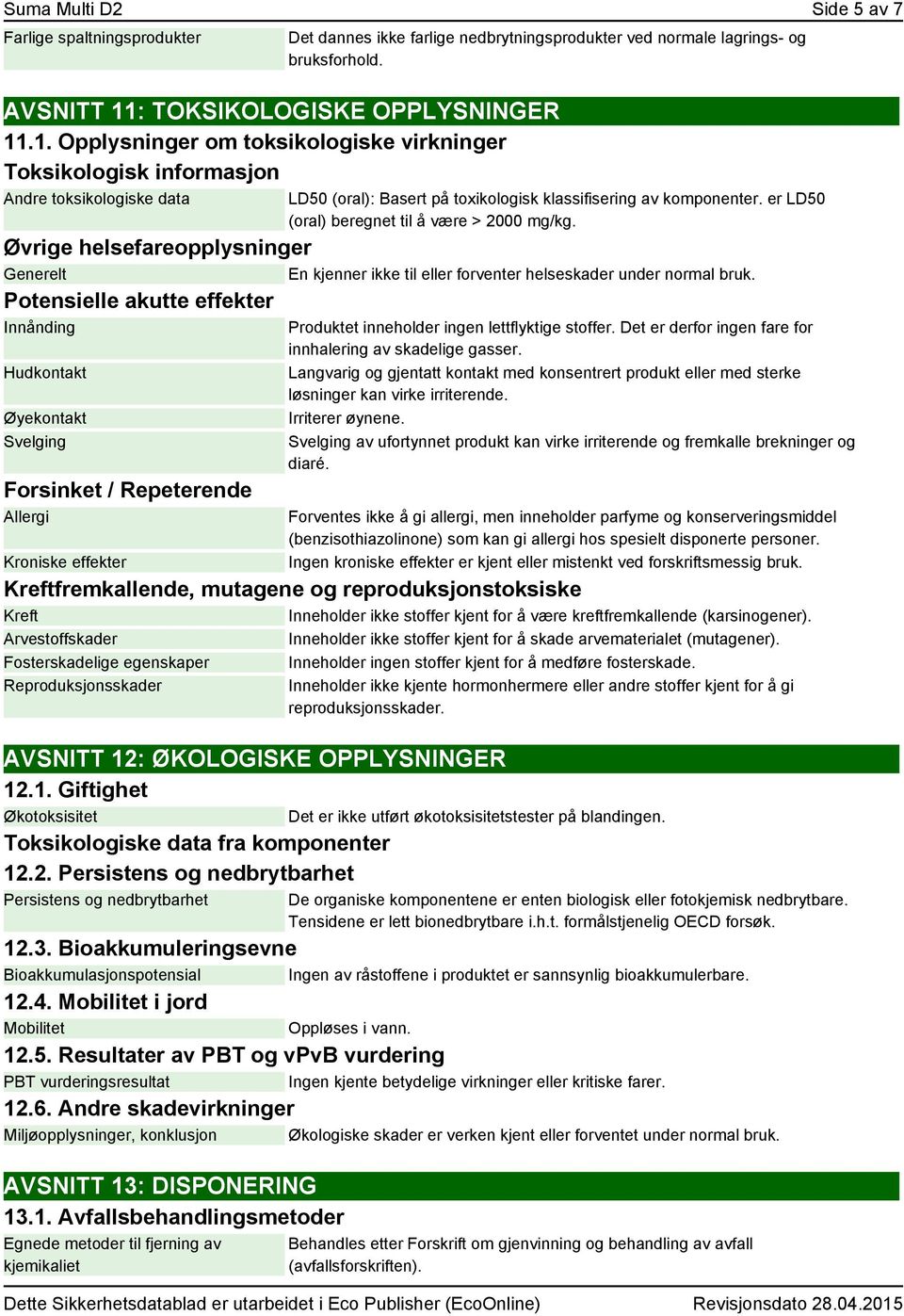 er LD50 (oral) beregnet til å være > 2000 mg/kg. Øvrige helsefareopplysninger Generelt En kjenner ikke til eller forventer helseskader under normal bruk.