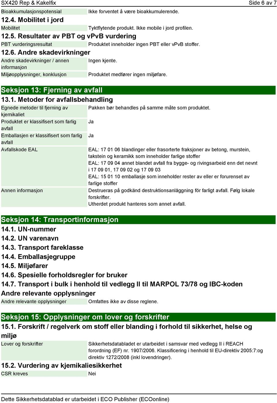 Andre skadevirkninger Andre skadevirkninger / annen informasjon Miljøopplysninger, konklusjon Ingen kjente. Seksjon 13