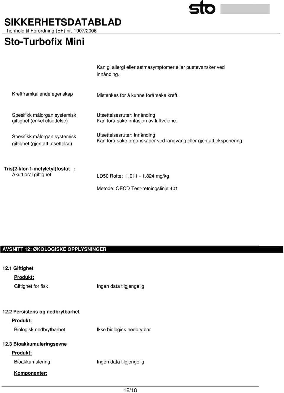 Utsettelsesruter: Innånding Kan forårsake organskader ved langvarig eller gjentatt eksponering. Tris(2-klor-1-metyletyl)fosfat : Akutt oral giftighet LD50 Rotte: 1.011-1.