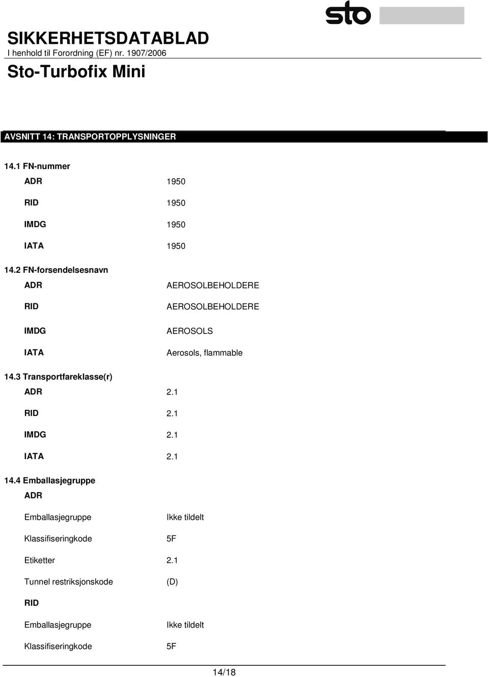 3 Transportfareklasse(r) ADR 2.1 RID 2.1 IMDG 2.1 IATA 2.1 14.