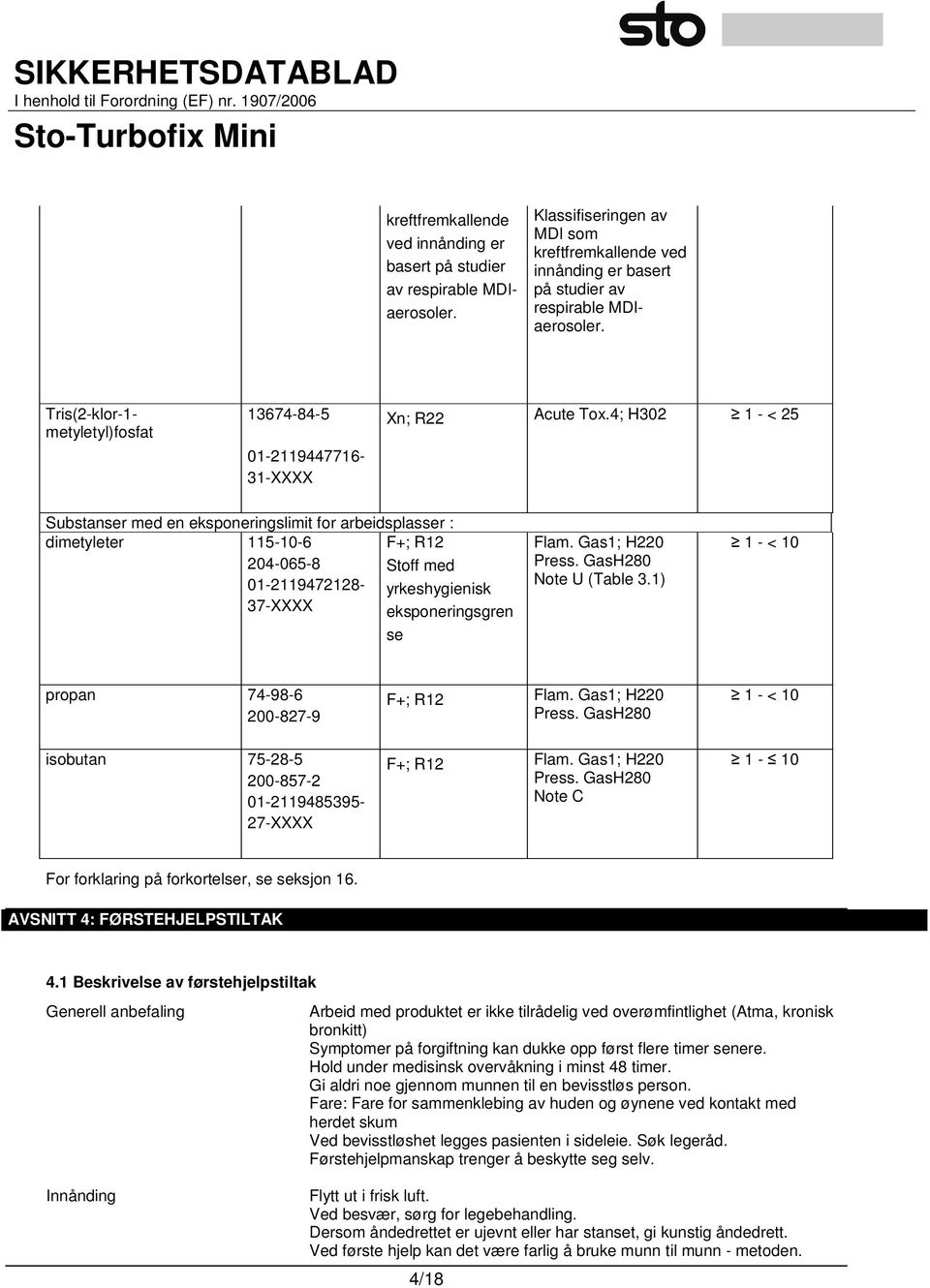 4; H302 1 - < 25 Substanser med en eksponeringslimit for arbeidsplasser : dimetyleter 115-10-6 204-065-8 01-2119472128- 37-XXXX F+; R12 Stoff med yrkeshygienisk eksponeringsgren se Flam.