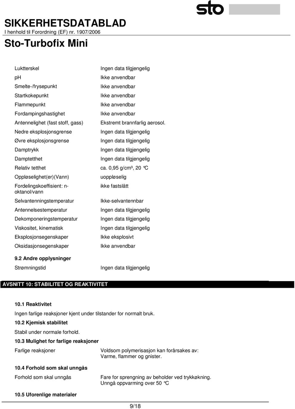 0,95 g/cm³, 20 C Oppløselighet(er)(Vann) Fordelingskoeffisient: n- oktanol/vann Selvantenningstemperatur Antennelsestemperatur Dekomponeringstemperatur Viskositet, kinematisk Eksplosjonsegenskaper