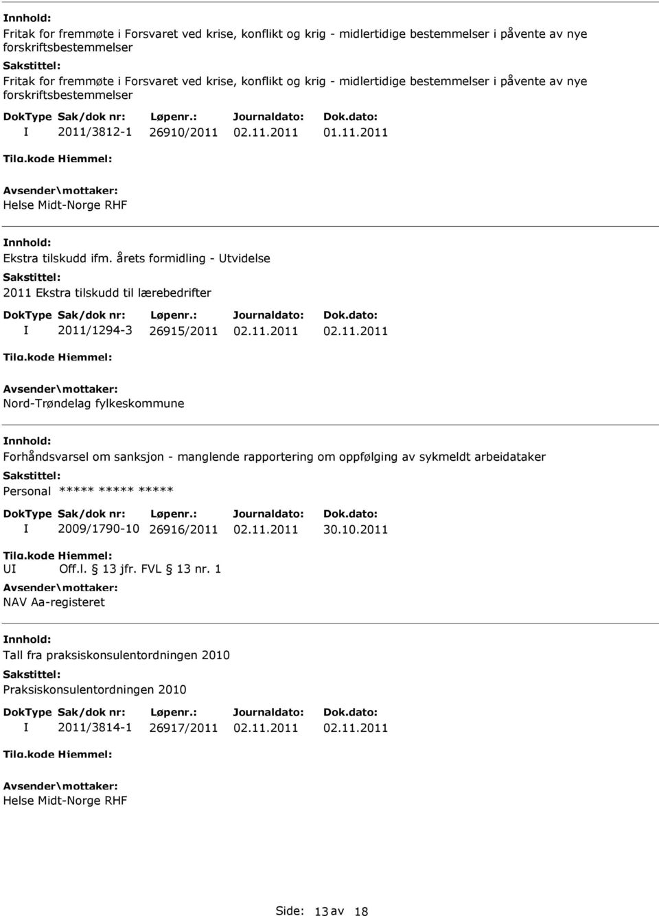 årets formidling - tvidelse 2011 Ekstra tilskudd til lærebedrifter 2011/1294-3 26915/2011 Nord-Trøndelag fylkeskommune Forhåndsvarsel om sanksjon - manglende rapportering om oppfølging av