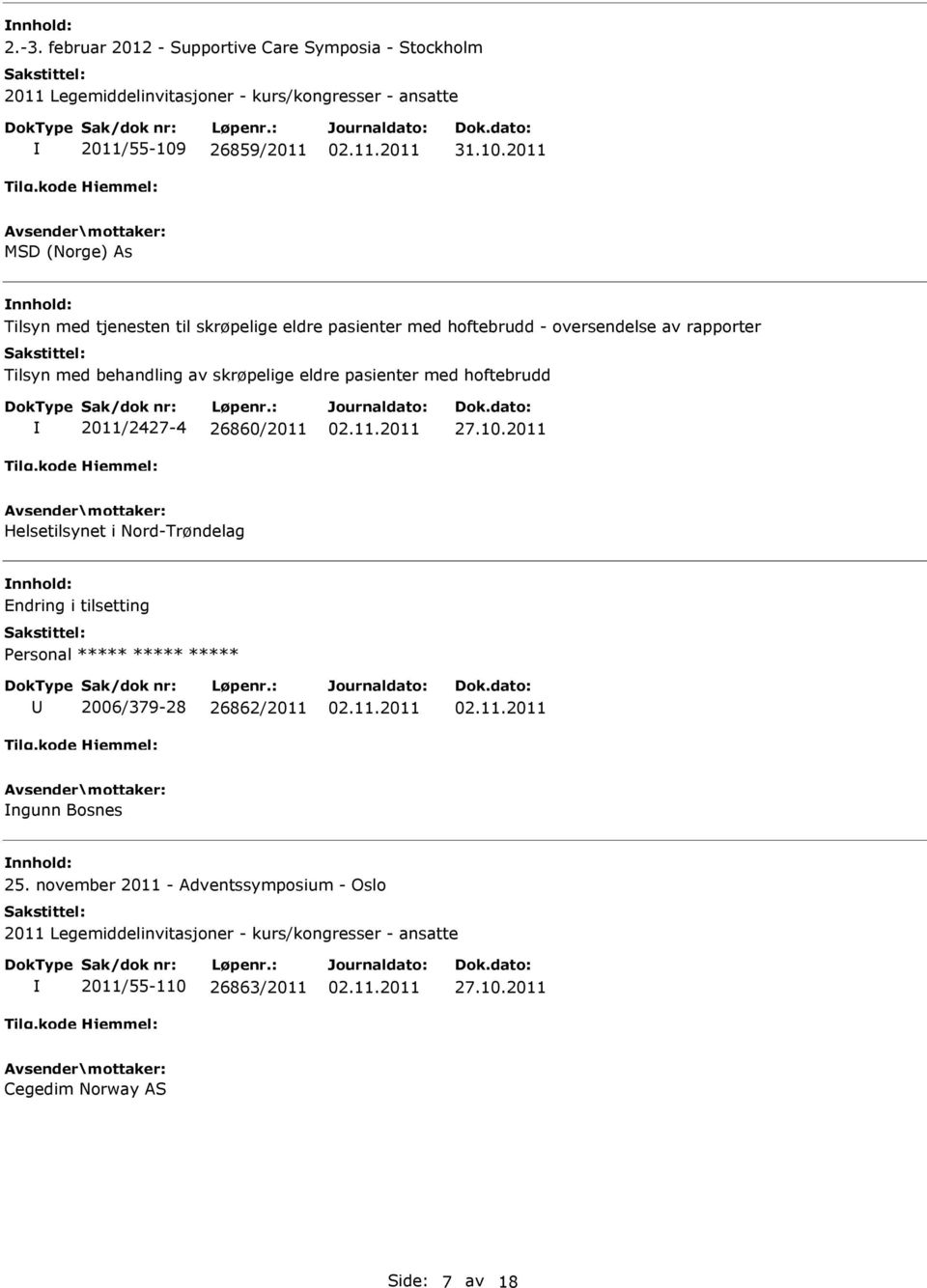 hoftebrudd 2011/2427-4 26860/2011 27.10.2011 Helsetilsynet i Nord-Trøndelag Endring i tilsetting Personal 2006/379-28 26862/2011 ngunn Bosnes 25.