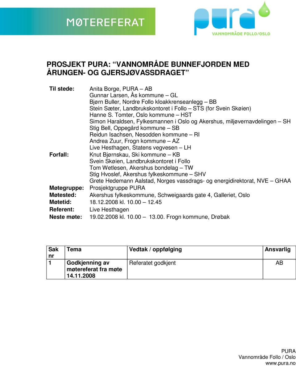 Tomter, Oslo kommune HST Simon Haraldsen, Fylkesmannen i Oslo og Akershus, miljøvernavdelingen SH Stig Bell, Oppegård kommune SB Reidun Isachsen, Nesodden kommune RI Andrea Zuur, Frogn kommune AZ