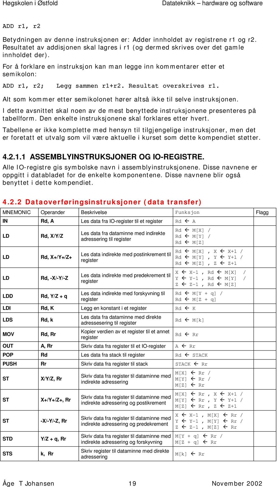 Alt som kommer etter semikolonet hører altså ikke til selve instruksjonen. I dette avsnittet skal noen av de mest benyttede instruksjonene presenteres på tabellform.