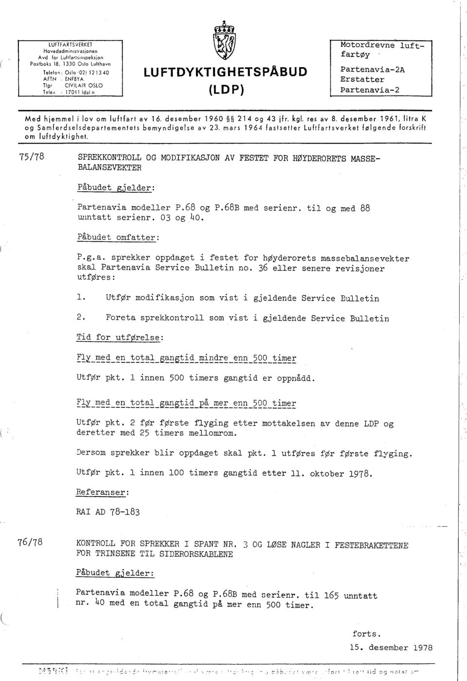 desember 1961, litra K og Samferdselsdepartemenlels bemyndigelse av 23. mars 1964 fastsetter Luftfartsverket følgende forskrift om lufidyktighet.