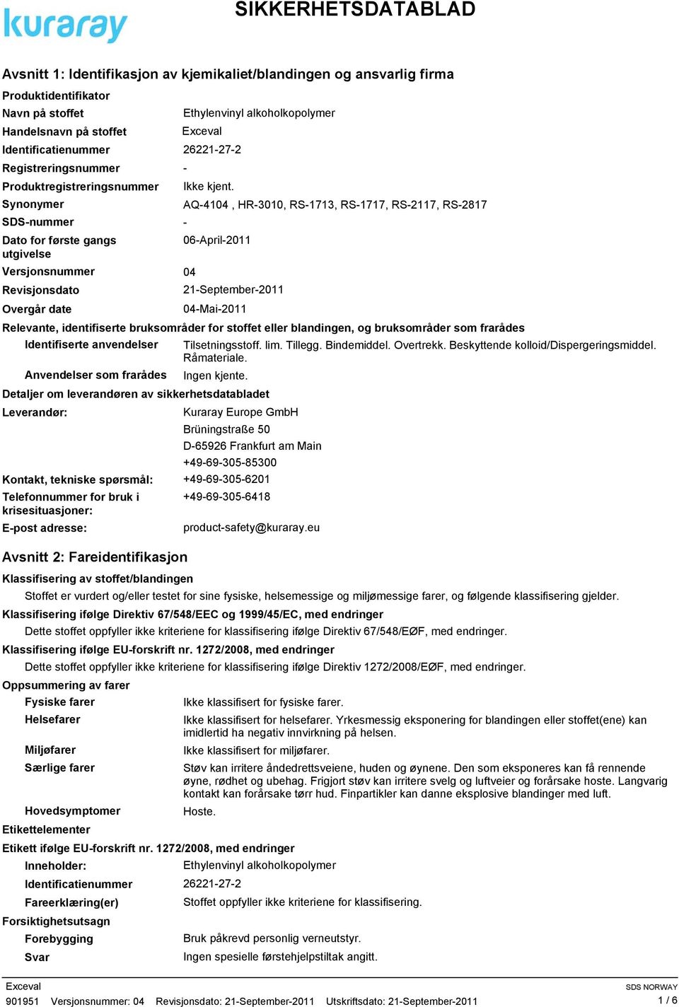 21September2011 Overgår date 04Mai2011 Relevante, identifiserte bruksområder for stoffet eller blandingen, og bruksområder som frarådes Identifiserte anvendelser Tilsetningsstoff. lim. Tillegg.