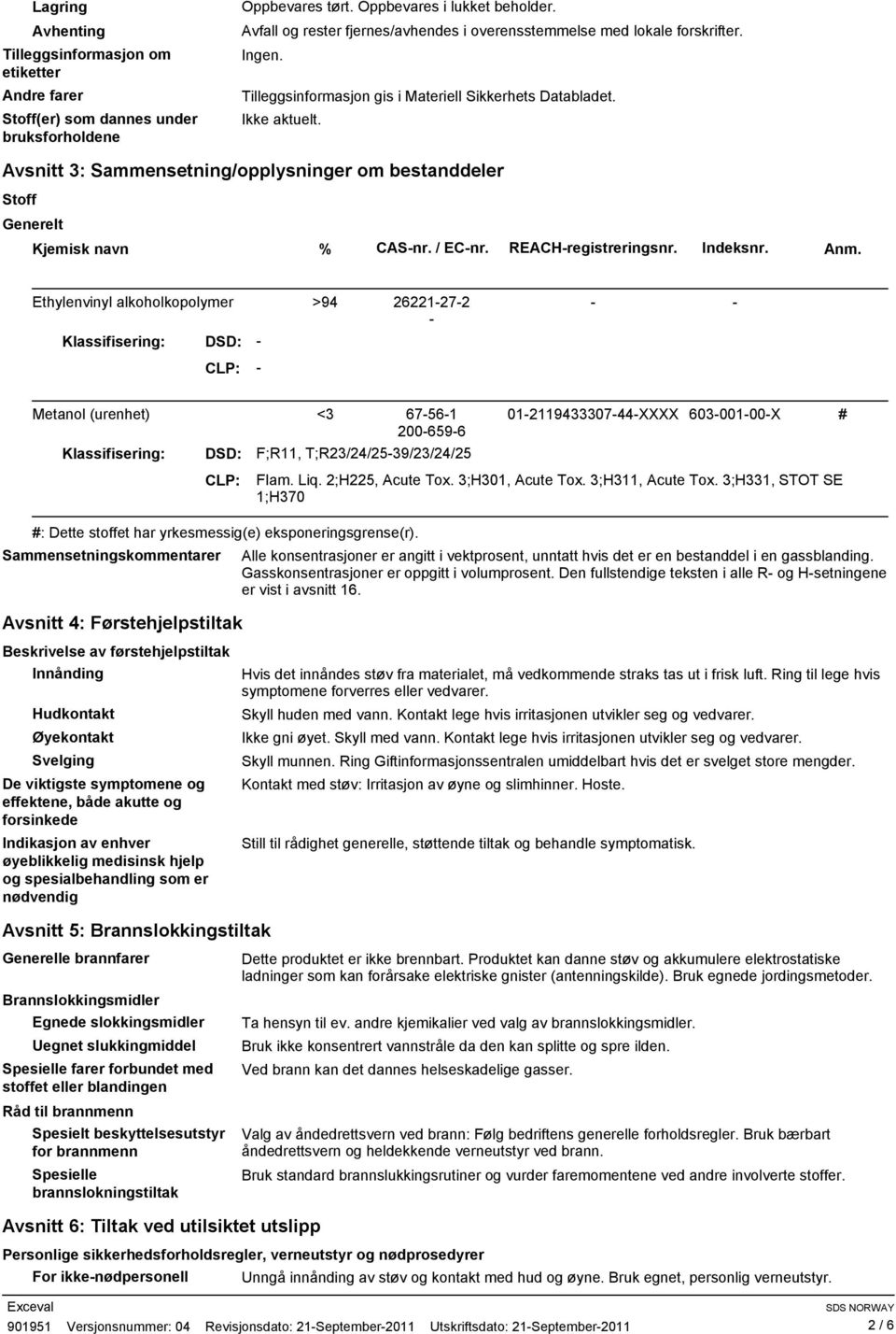 Avsnitt 3: Sammensetning/opplysninger om bestanddeler Stoff Generelt Kjemisk navn % CASnr. / ECnr. REACHregistreringsnr. Indeksnr. Anm.