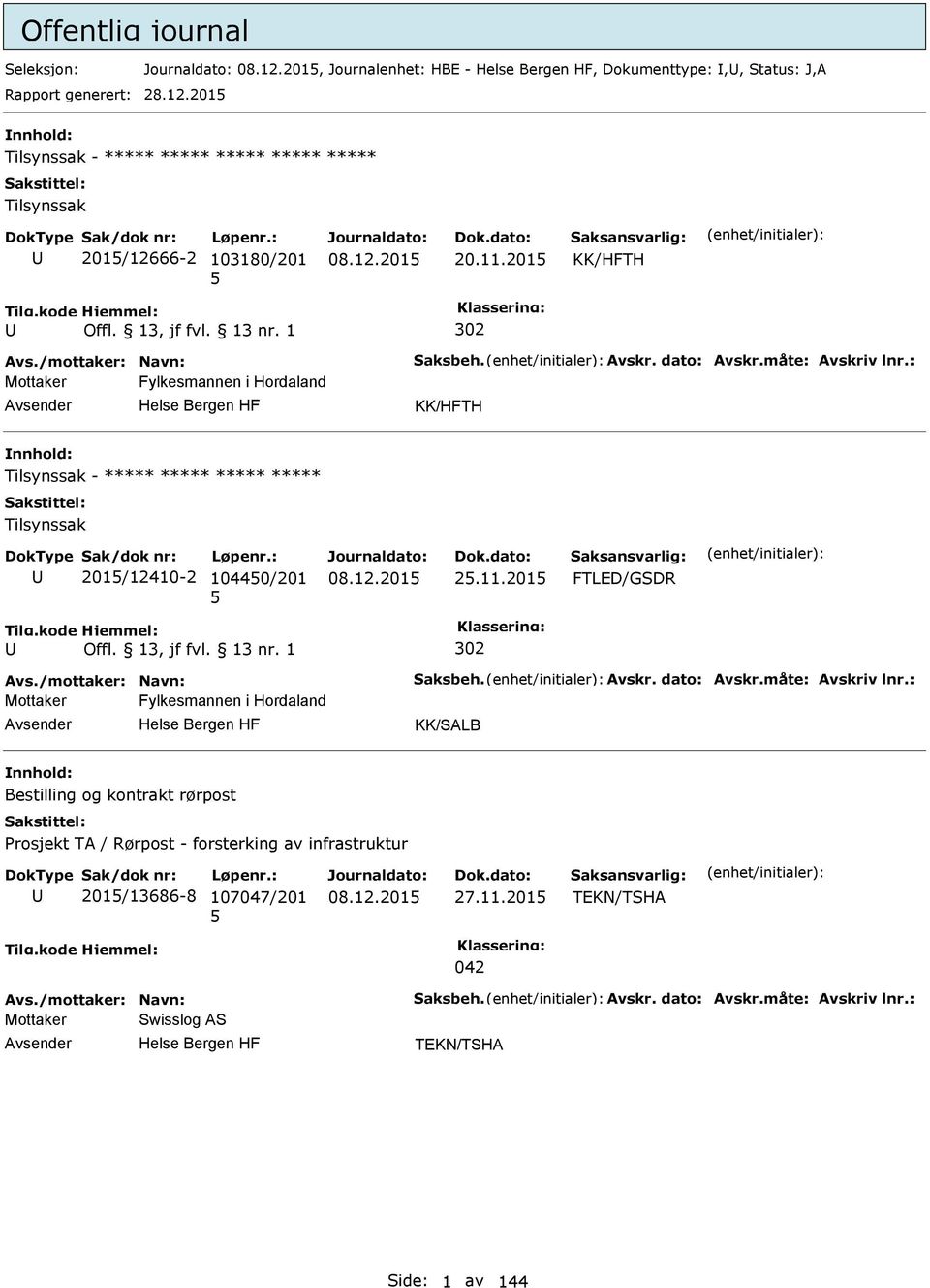 : Mottaker Fylkesmannen i Hordaland KK/HFTH Tilsynssak - ***** ***** ***** ***** Tilsynssak 201/12410-2 10440/201 2.11.201 FTLED/GSDR 302 Avs./mottaker: Navn: Saksbeh. Avskr. dato: Avskr.