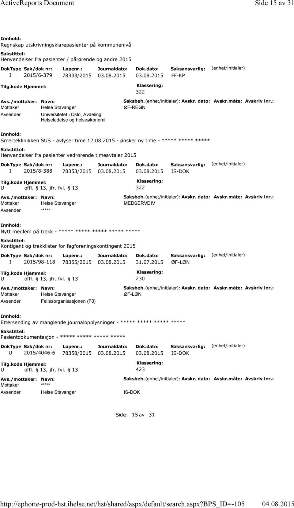 bps_d=-105 Side 15 av 31 Regnskap utskrivningsklarepasienter på kommunenivå Henvendelser fra pasienter / pårørende og andre 2015 2015/6-379 78333/2015 FF-KP 322 niversitetet i Oslo, Avdeling