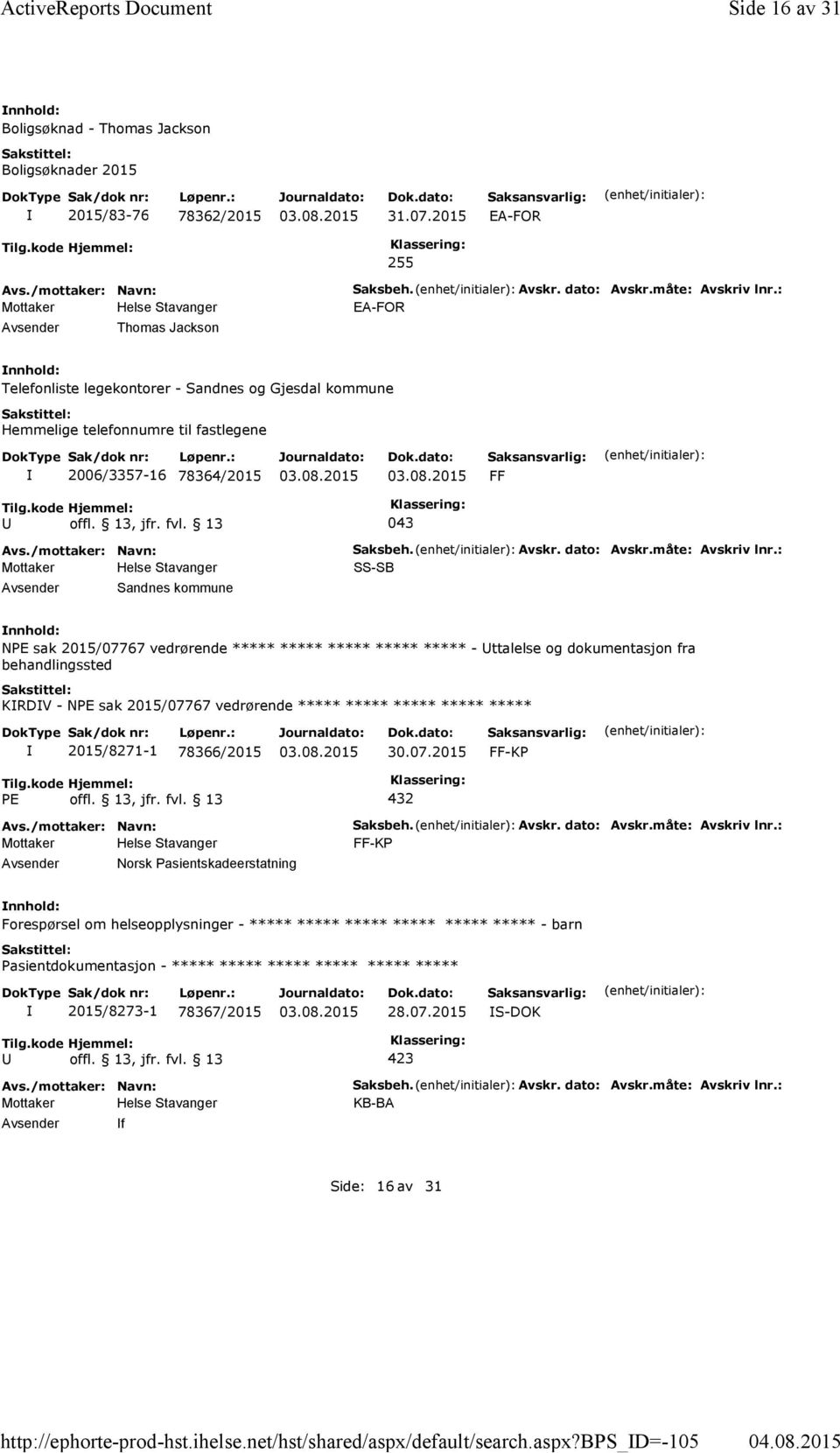 : EA-FOR Telefonliste legekontorer - Sandnes og Gjesdal kommune Hemmelige telefonnumre til fastlegene 2006/3357-16 78364/2015 FF 043 Sandnes kommune Saksbeh. Avskr. dato: Avskr.måte: Avskriv lnr.