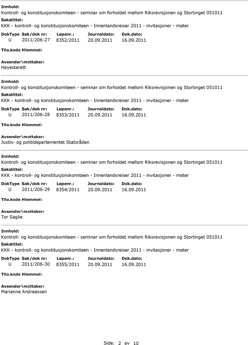 Statsråden KKK - kontroll- og konstitusjonskomiteen - nnenlandsreiser 2011 - invitasjoner - møter 2011/206-29 8354/2011 Tor Saglie