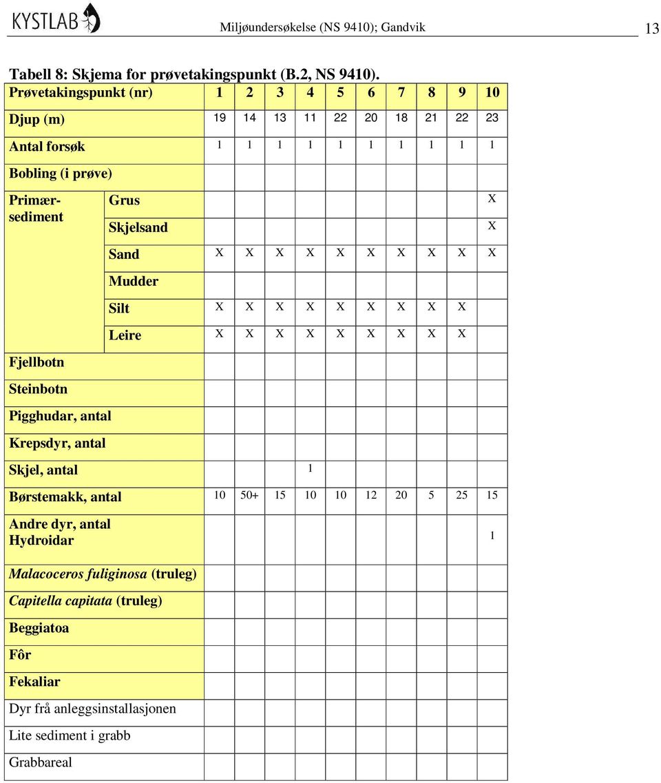 Skjelsand X X Sand X X X X X X X X X X Mudder Silt X X X X X X X X X Leire X X X X X X X X X Fjellbotn Steinbotn Pigghudar, antal Krepsdyr, antal Skjel,