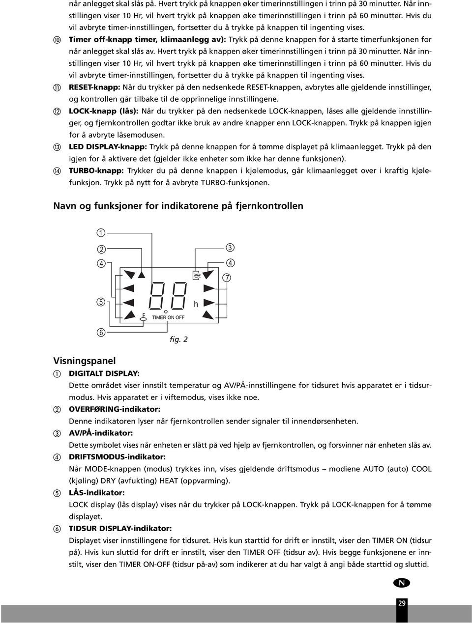 Timer off-knapp timer, klimaanlegg av): Trykk på denne knappen for å starte timerfnksjonen for når anlegget skal slås av. Hvert trykk på knappen øker timerinnstillingen i trinn på 30 mintter.