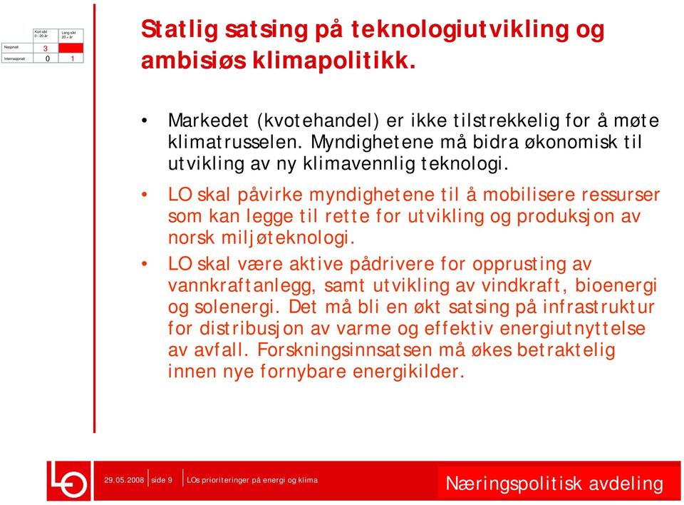 LO skal påvirke myndighetene til å mobilisere ressurser som kan legge til rette for utvikling og produksjon av norsk miljøteknologi.