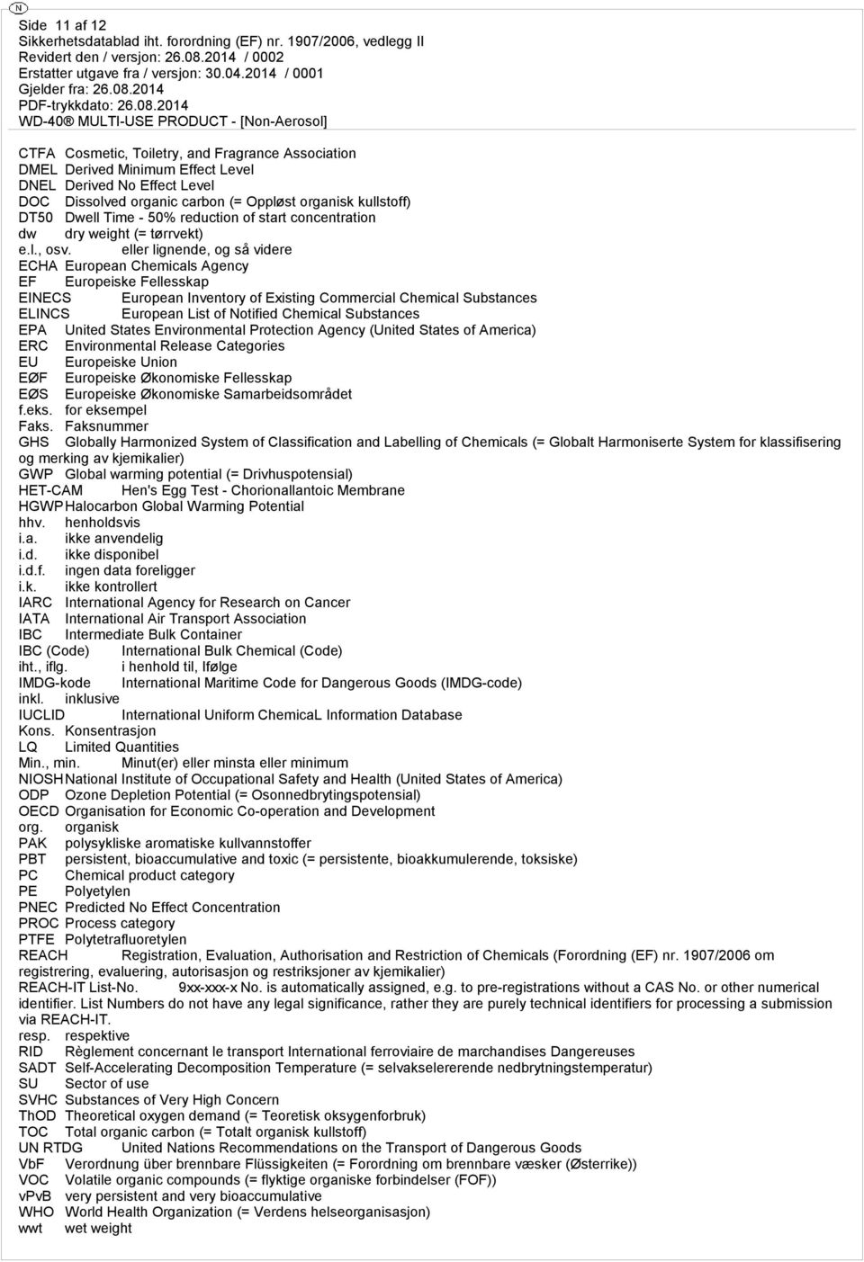 eller lignende, og så videre ECHA European Chemicals Agency EF Europeiske Fellesskap EINECS European Inventory of Existing Commercial Chemical Substances ELINCS European List of Notified Chemical