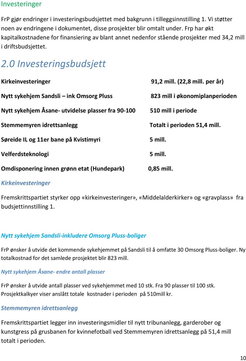 0 Investeringsbudsjett Kirkeinvesteringer Nytt sykehjem Sandsli ink Omsorg Pluss Nytt sykehjem Åsane- utvidelse plasser fra 90-100 Stemmemyren idrettsanlegg Søreide IL og 11er bane på Kvistimyri